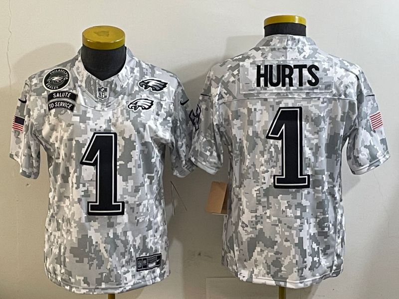 Youth Philadelphia Eagles #1 Hurts Camo Nike 2025 Salute to Service Limited NFL Jersey style 5